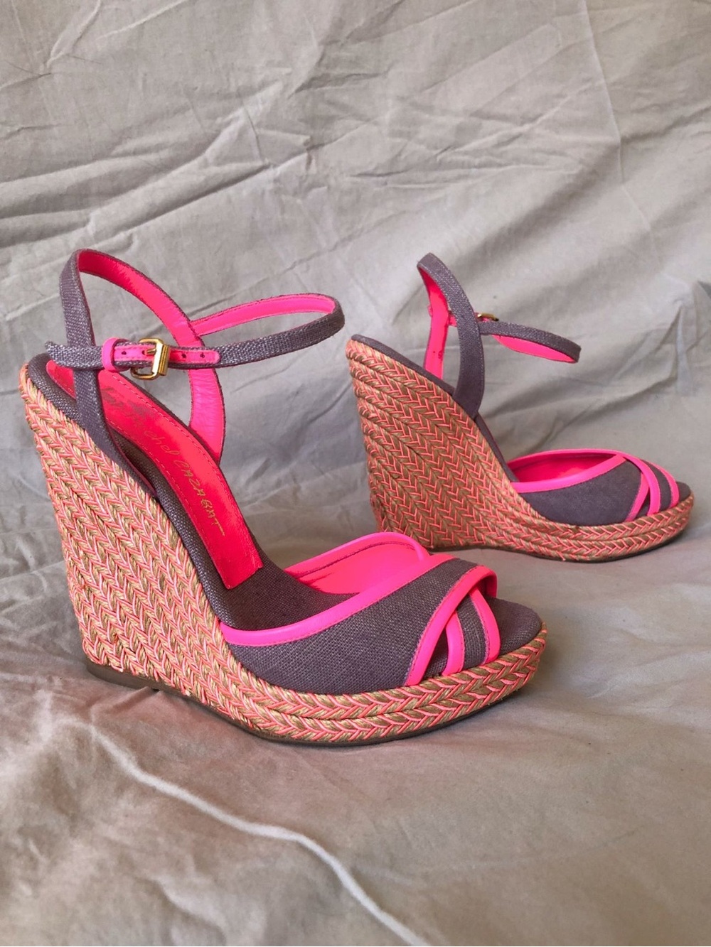Jean-Michel Cazabat Fatima Wedge Sandals Braided Cross Toe Neon Pink Sz 36.5